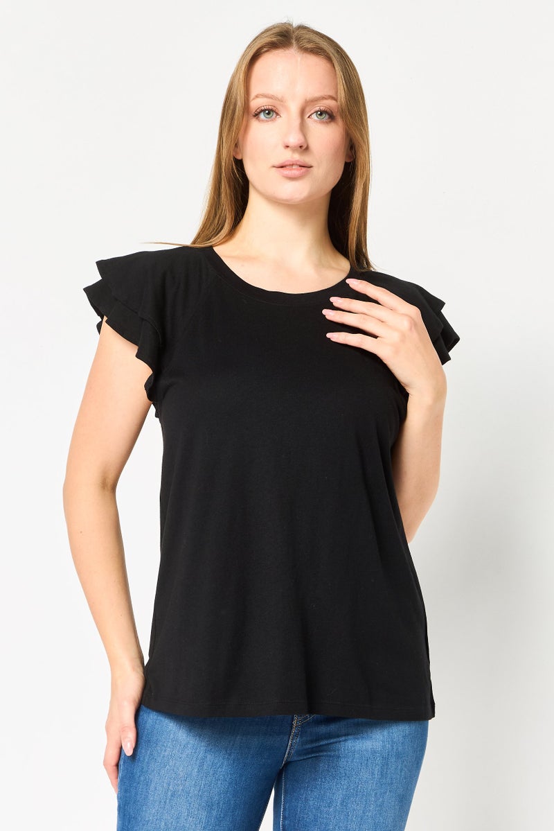 GAP Women Crew Neck Solid Flutter Sleeve Top, Black - Image 1